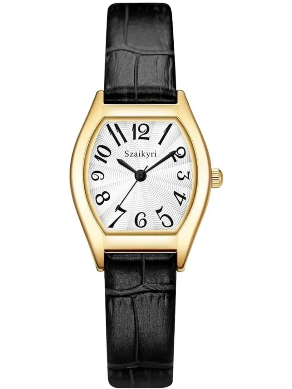 Women's Black Gold Barrel-Shaped Easy Read Arabic Numerals Dress Wrist Watch